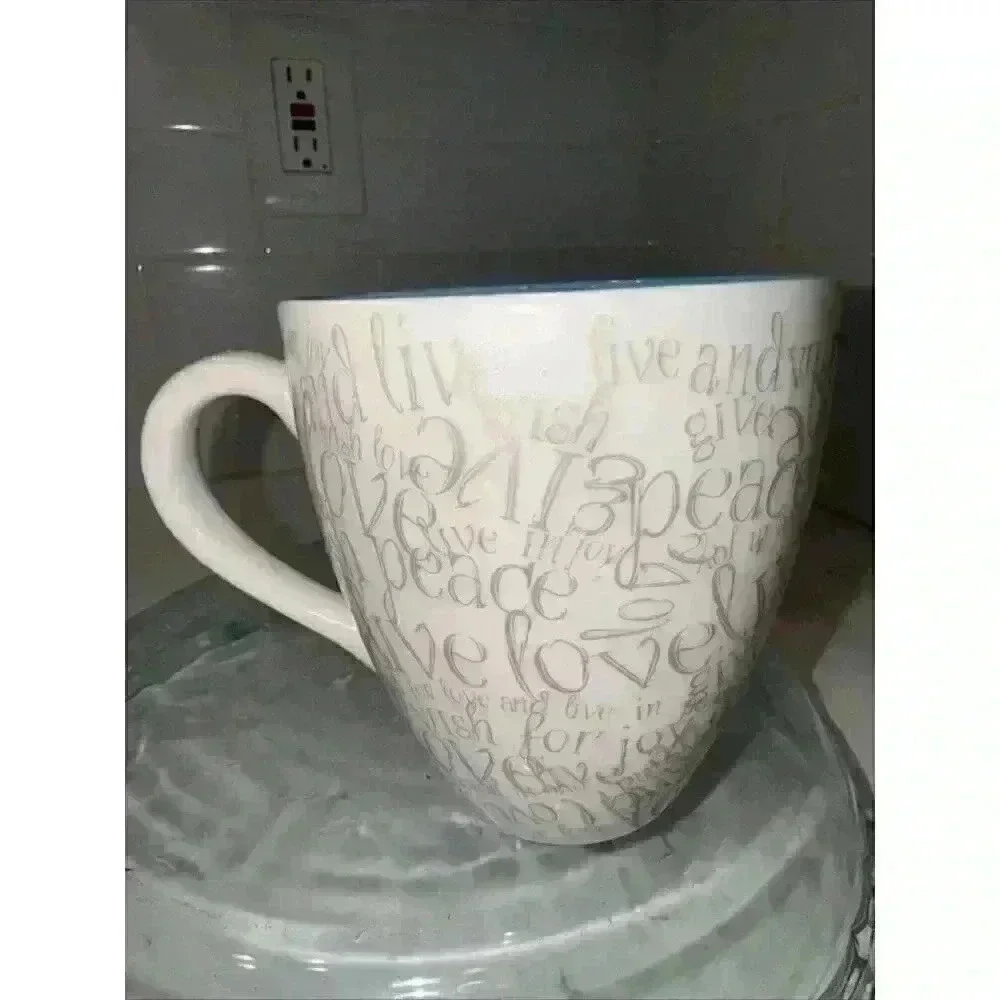 Starbucks Mug Wish Live Love Peace 2005 White Gray Grey Writing Blue Inside